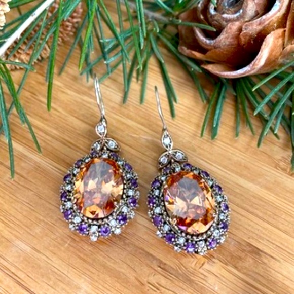 925 Sterling Silver, Orange Topaz, Drop/Dangle Earrings - Picture 2 of 9